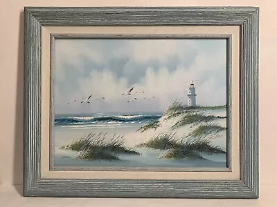 Vtg Seascape Painting Oil On Canvas Winstin Framed Nautical Beach Lighthouse • $75