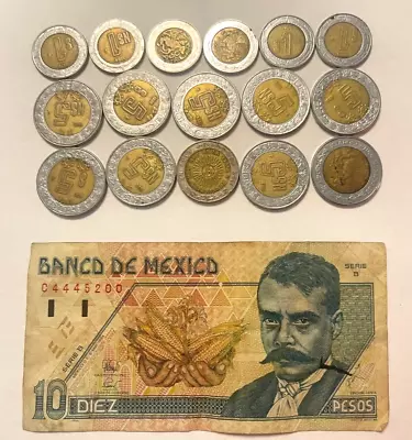 Vintage 1994 Banco De Mexico 10 Pesos Bank Note Series B And 16 Mexican Coins • $30