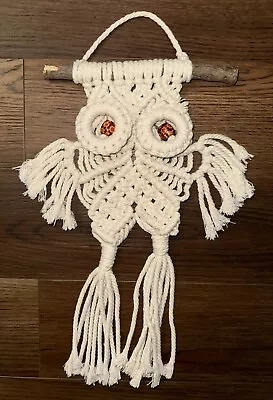 Vintage Macrame Owl Wall Hanging On Twig Stick Branch Wooden Eyes Beige 14  • $14