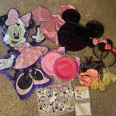 Minnie Mouse Birthday Supplies Plates Balloons Cake Picks Mylars  & 2 Headbands! • $8.99