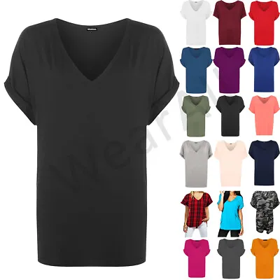 Women Oversized Loose Fit Turn Up Short Sleeve Ladies V Neck Baggy Top T Shirt • £7.99