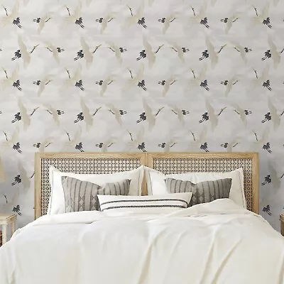 Oriental Japanese Birds Cranes White Blue Metallic Silver Feature Wallpaper • £9.44