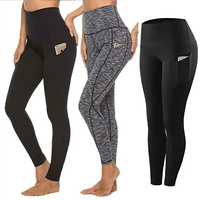 Womens High Waist Gym Leggings Pocket Fitness Sports Running Yoga Pants Stretch • £8.98