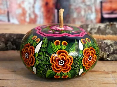 #9 Box Lacquer Gourd Hand Painted Orange & Pink Flowers Handmade Olinalá Mexican • $28