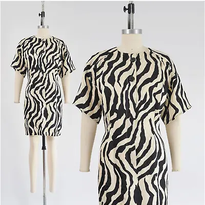 Vintage Animal Print Silk Mini Dress Zebra Polka Dot Shift Dress Cream Black S M • $56