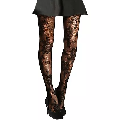 £4.80 • Buy New Womens Black Floral Rose Patterned Fishnet Tights Ladies Pattern Flowers UK