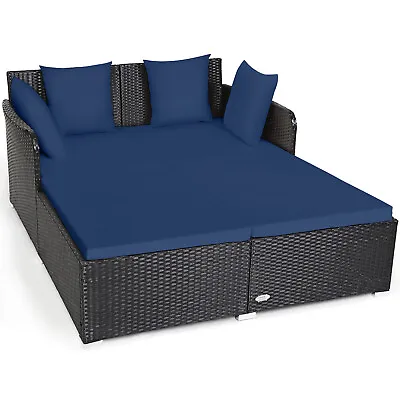 Patiojoy Outdoor Patio Rattan Daybed Pillows Cushioned Sofa Furniture Navy • $219.99