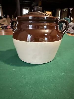Vintage Bean Pot Westernware Stoneware W/Lid Brown Tan Leaf On Bottom 606 • $19.99