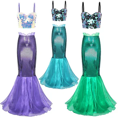 Womens Mermaid Costumes Fishtail Uniform Fish Scale Print Outfit Sequin Skirt • $39.59