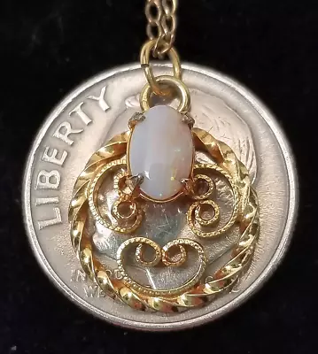 Vintage 14K Gold-Filled Natural Fire Opal Scroll Filigree Pendant Chain Necklace • $1.25
