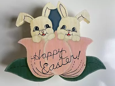 Vintage Cookie Candy Jar Wooden Lid Hand Painted Easter Bunnies Tulips Holiday • $13
