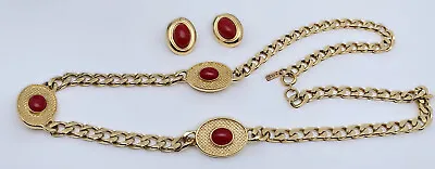 MONET 80’s Orange Red Cabochon Chunky Curb Chain & Clip-On Earrings Signed • $69.98