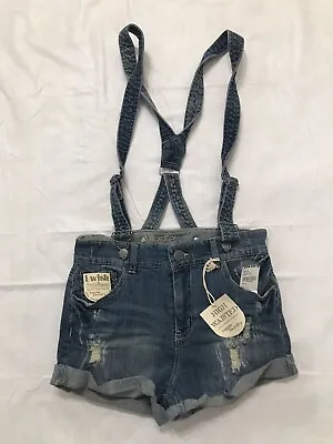 $27.96 • Buy Hippie Laundry High Waisted Suspenders Shorts Juniors 7 Distressed Blue Denim