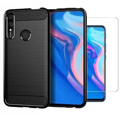 For Huawei Y9 Prime (2019) Case Carbon Fibre Cover & Glass Screen Protector • £4.75