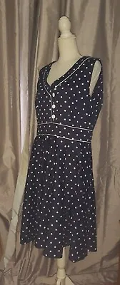 Joe Browns Navy Blue Polkadot 50s Style Dress UK 18 Full Skirt Button Detail • £18