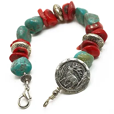 Chunky Silver Elk Bracelet Natual Turquoise Coral Beads Southwestern 8 In • $33.99