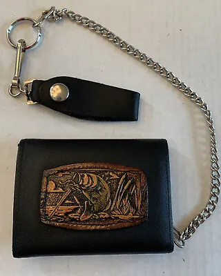 Men’s Leather Wallet Chain Black Trifold  Embossed Fishing • $24