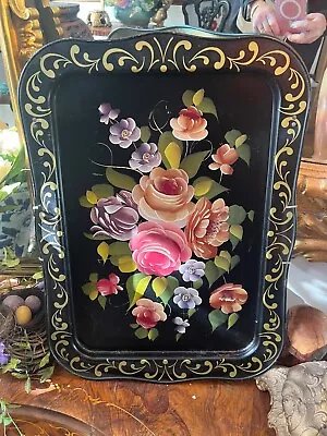 Vintage Large Black Metal TV Serving TrayTole Hand Painted Flowers With Hanger • $25