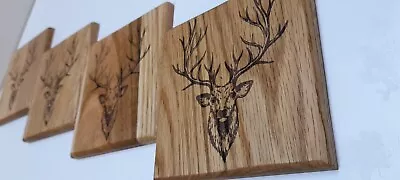 Solid Oak Coasters Laser Engraved Stag 10cm X 10cm  Handmade Set Of 4  • £15