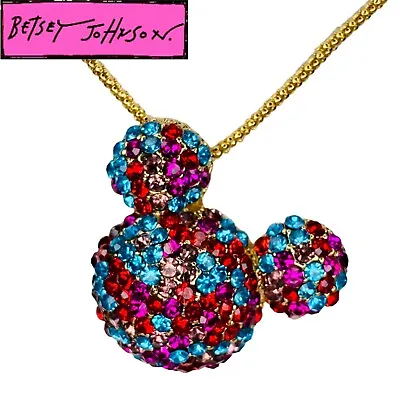 Betsey Johnson Mickey Mouse Head Necklace Multicolor Rhinestone Pendant New • $19.95