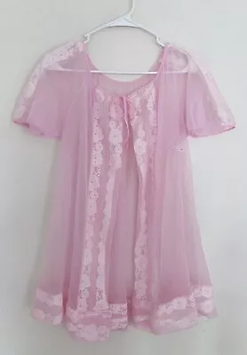 Vintage MOVIE STAR Short Peignoir Robe Sz S Sheer Pink Nylon W/Lace Inserts • $18.04