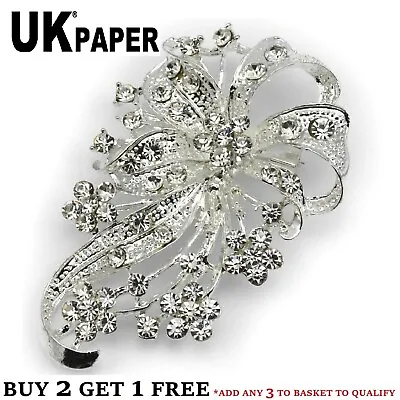 £4.39 • Buy Large 2.7  Silver Flower Bouquet Brooch Diamante Crystal Broach Wedding Gift Uk