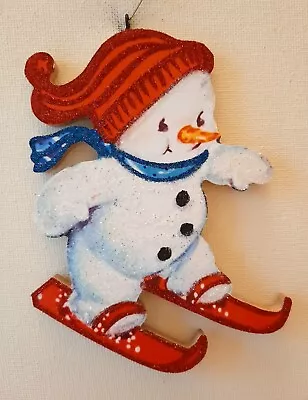 SNOWMAN In RED HAT On DOWNHILL SKIS * Glitter CHRISTMAS ORNAMENT * Vtg Img • $10.50