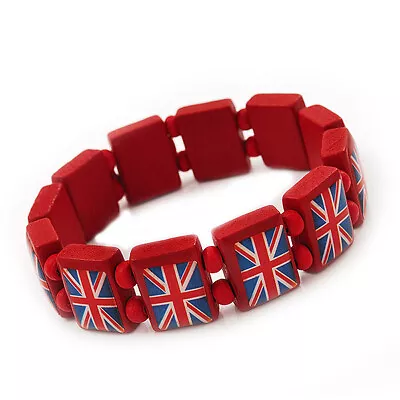 Red Stretch Wooden Bracelet/ UK British Flag Union Jack - 20cm L • £7.99