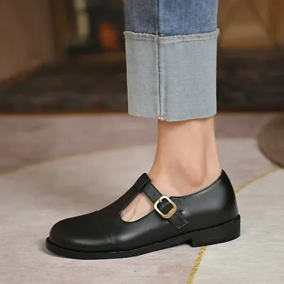 Womens Mary Jane Round Toe Pumps Pu Leather T Strap Buckle Flats Office Shoes • $44.96