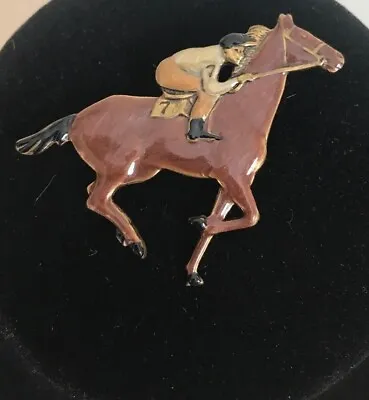 Vintage Enamel & Brass Horse & Jockey Lapel Pin Rider Number 7 • $10