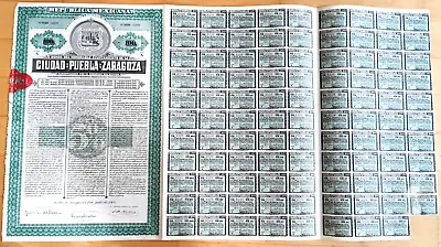MEXICO Ciudad De Puebla De Zaragoza City Bond 100 Pesos 1907 W Uncancelled Cp • $75