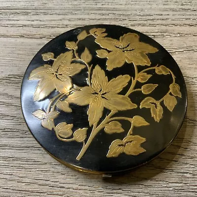 Vtg Rex Fifth Avenue Powder Compact Brass Black And Gold Flowers • $10