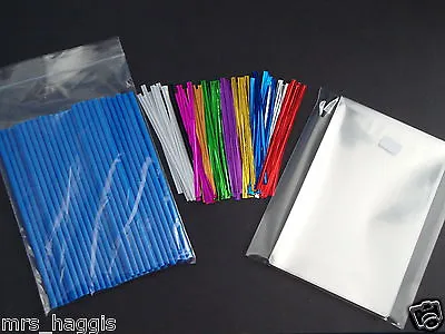 50 X 6  CAKE POP KIT BLUE PLASTIC STICKS 4 X 6  CELLO BAGS & METALLIC TWIST TIES • £5.25