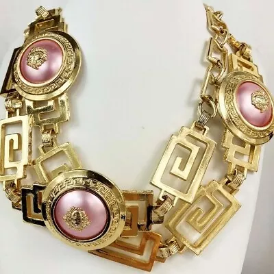 Auth Vintage 1990s Gianni Versace Belt Medusa Necklace Pink Cabochon Greek Key • $299.99