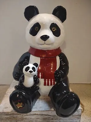 Panda & Baby Ceramic Cookie Jar Celebrate The Season Vintage 2001 New • $59