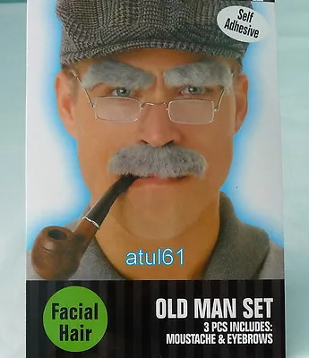 Old Man Grey Fancy Dress Moustache Eyebrows Costume False Hair Stick On Set NEW • £3.39