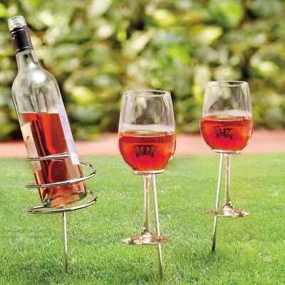 Metal Spiral Wine Bottle & 2 Glass Holder Ground Stake Camping Garden BBQ Picnic • £7.95