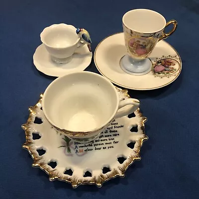 Lot Of 3 Mini Tea Cups & Saucers -  Mixed Lot -  Bird Mother Victorian Vintage • $15