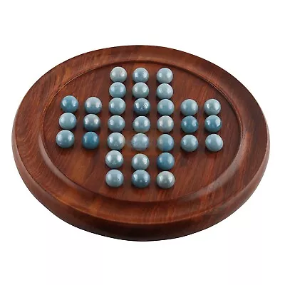 Solitaire Board In Wood With Glass Marbles Unique Game 9 Inch US • $26.39