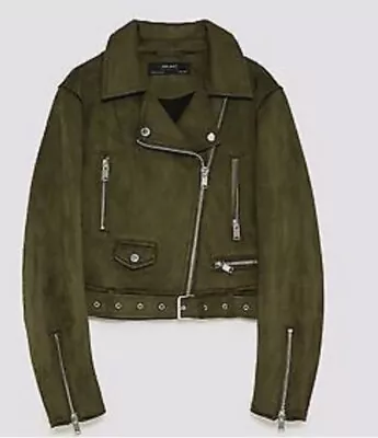 ZARA Outwear Olive Green Faux Suede Belted Moto Biker Jacket Women's Size S EUC • $49