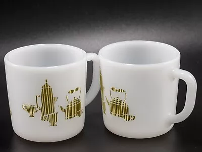 Federal Milk Glass Tea/Coffee Cup Mug Olive Green Kitchen Aids Pattern 8oz Qty 2 • $10