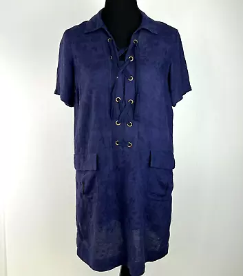 Anthropologie Dress Women 4P Petite Linen Navy Damask Eyelet Boho Core Cruise • $25.97