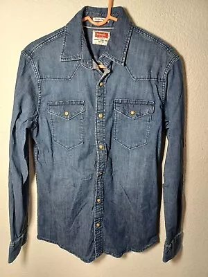 Wrangler Denim Shirt Mens Small Pearl Snap Blue Western • $13.99