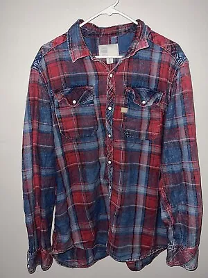 G Star Raw Shirt Men's XXL Pearl Snap Blue Red Plaid Long Sleeve Western Flannel • $25.95