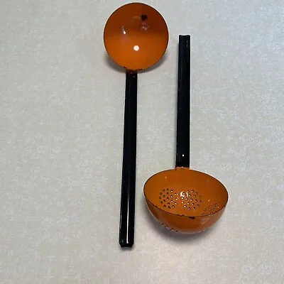Vintage Long-Handled Ladles Strainer Orange Enamel Made In Poland • $55