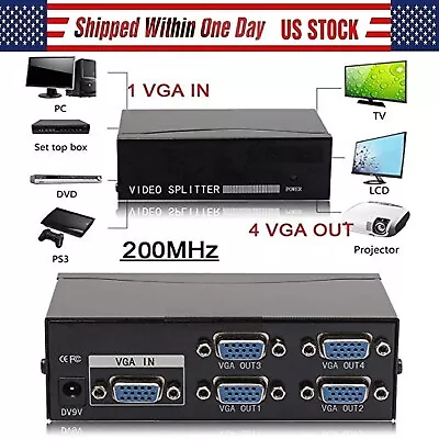 4 Port VGA Splitter Sharing Switch Box VGA Switcher 1 PC To 4 Monitor 1 In 4 Out • $18.99