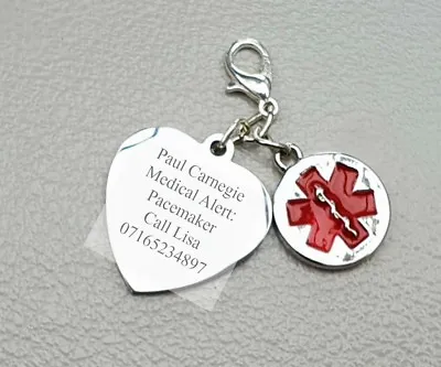 Medical Alert ID Charm Engraved Medical Information Pacemaker Stroke Men Women • £6.99