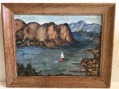 Vintage Original Oil On Canvas Folky Harbor Scene Lighthouse Town - Maine Estate • $95