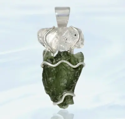 Genuine Moldavite And Herkimer Diamond Solid Silver Pendant • $32.40