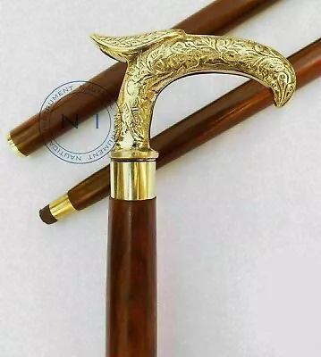 Antique Wooden Walking Stick Vintage Cane Handmade Designer Brass Head Handle • $39.99